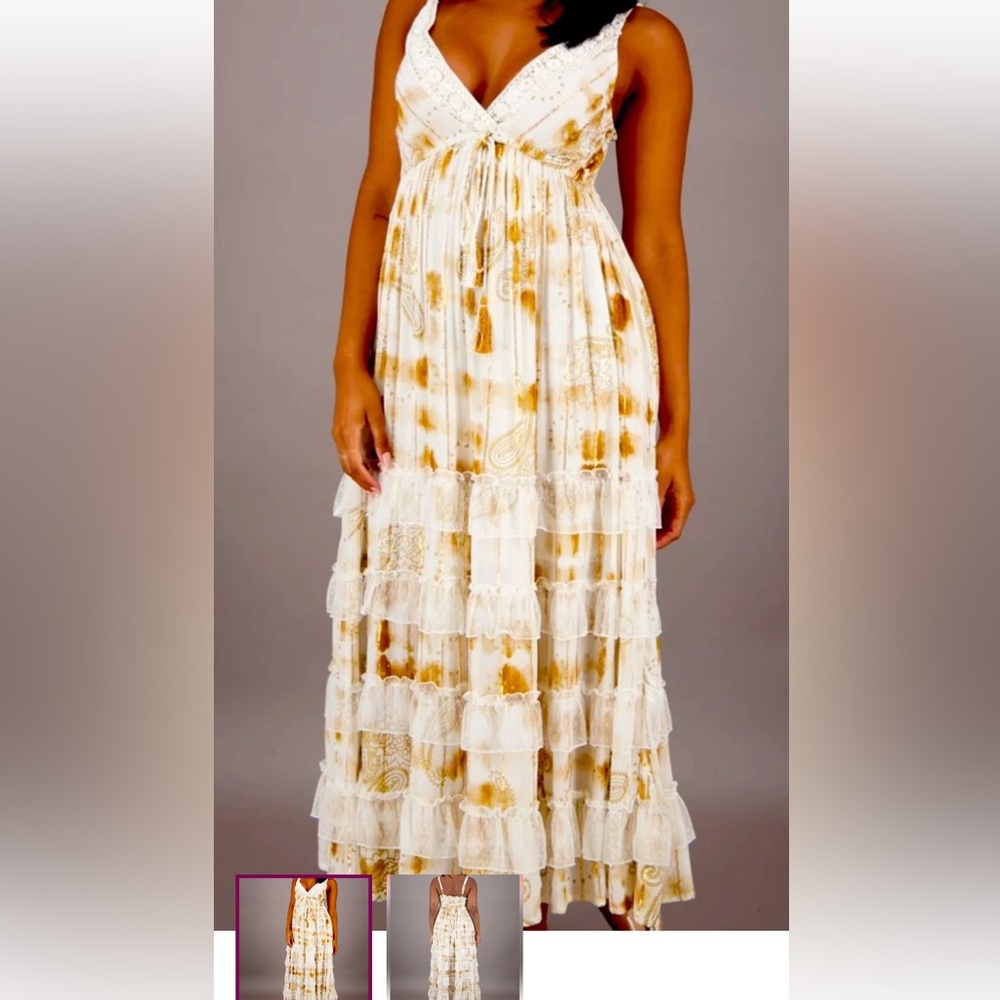 Chic White and Gold Paisley Maxi Dress